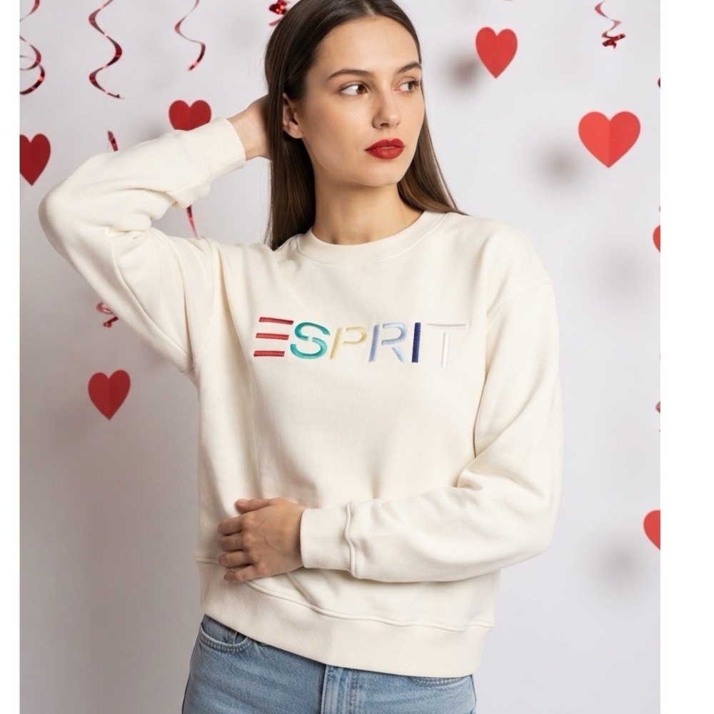 Esprit XS Sweatshirt Women Cream Embroidered Crewneck Costco Viral